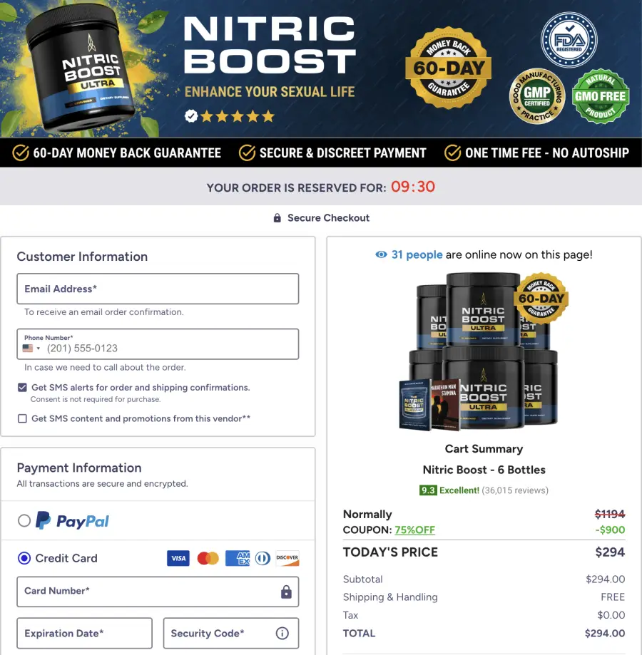 Nitric Boost Ultra secure checkout page buy now order form